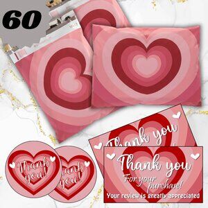 60 Pack 10x13” LOVE HEARTS POLYMAILERS & THANK YOU CARDS & STICKERS